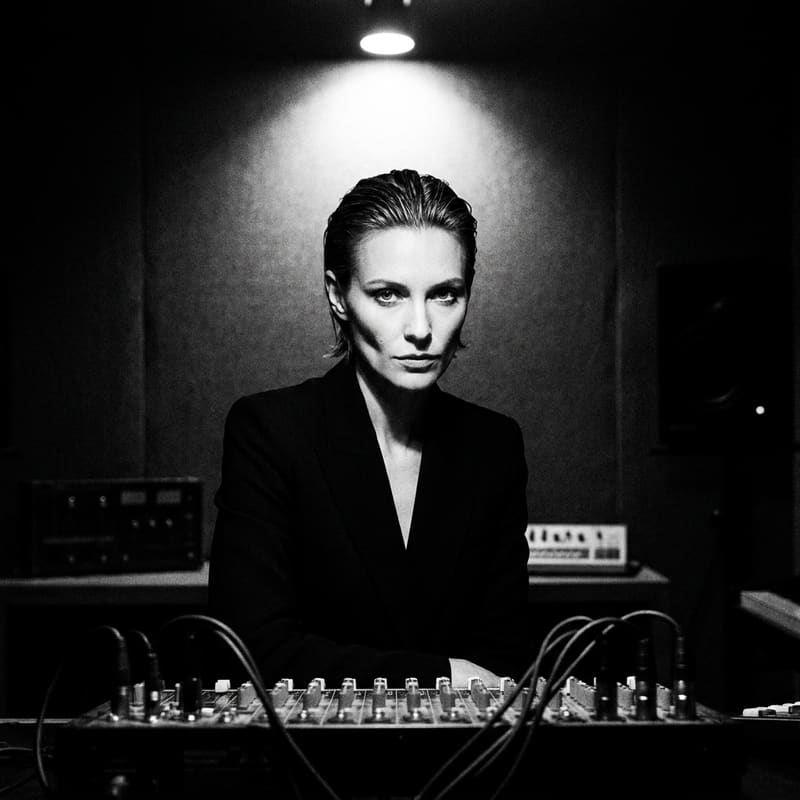 Black-and-white editorial portrait of electronic producer Kira Vey.