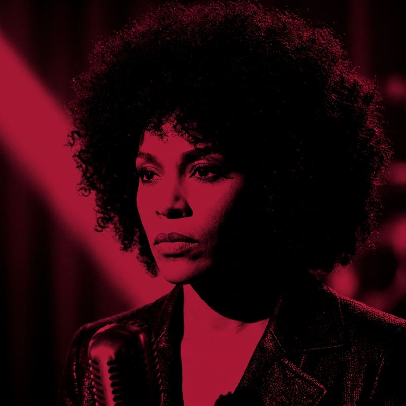 High-contrast duotone portrait of jazz singer Selene Carr in red over deep black.