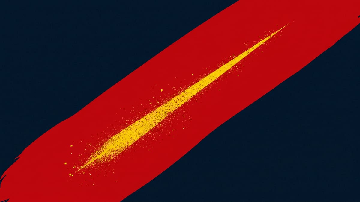 Abstract graphic: diagonal slash of red on navy with a streak of yellow dust.
