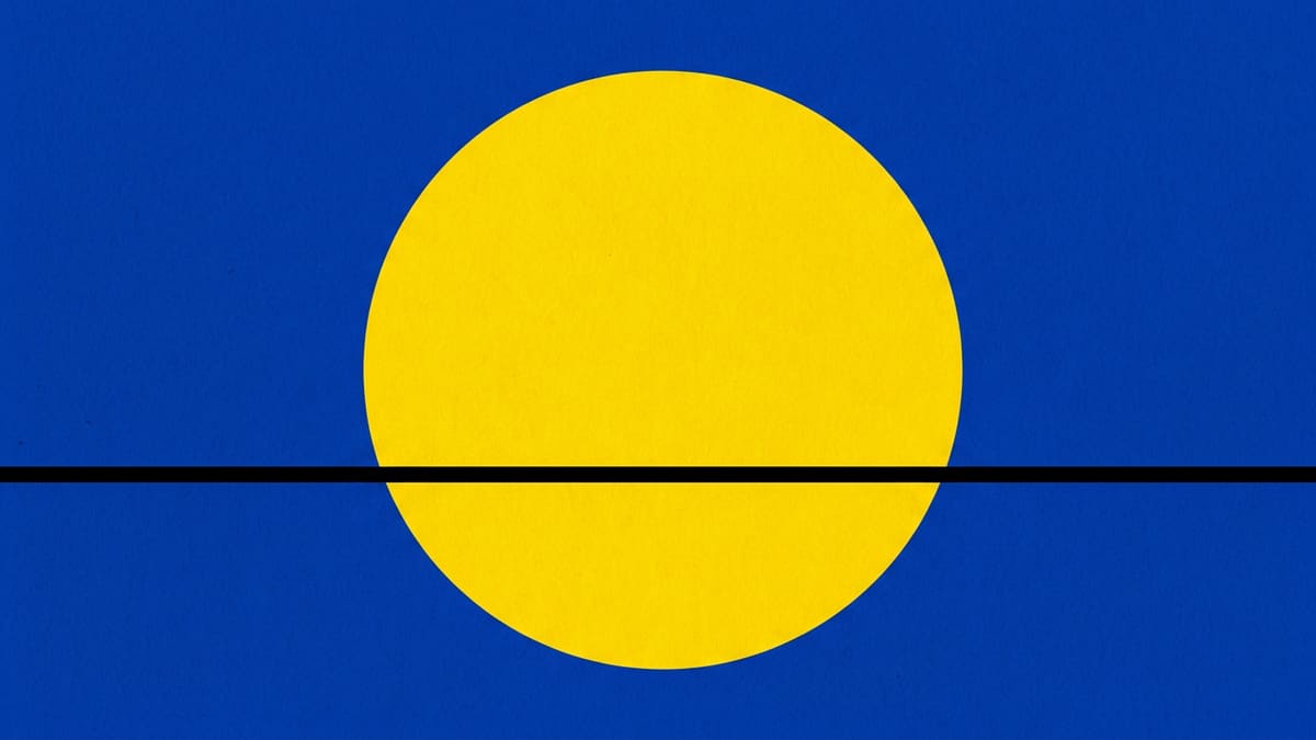 Abstract graphic: yellow circle on cobalt blue with a black horizon line.
