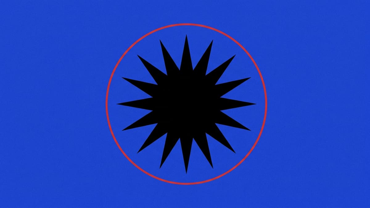 Abstract graphic: black starburst on cobalt blue field with a red circle behind it.