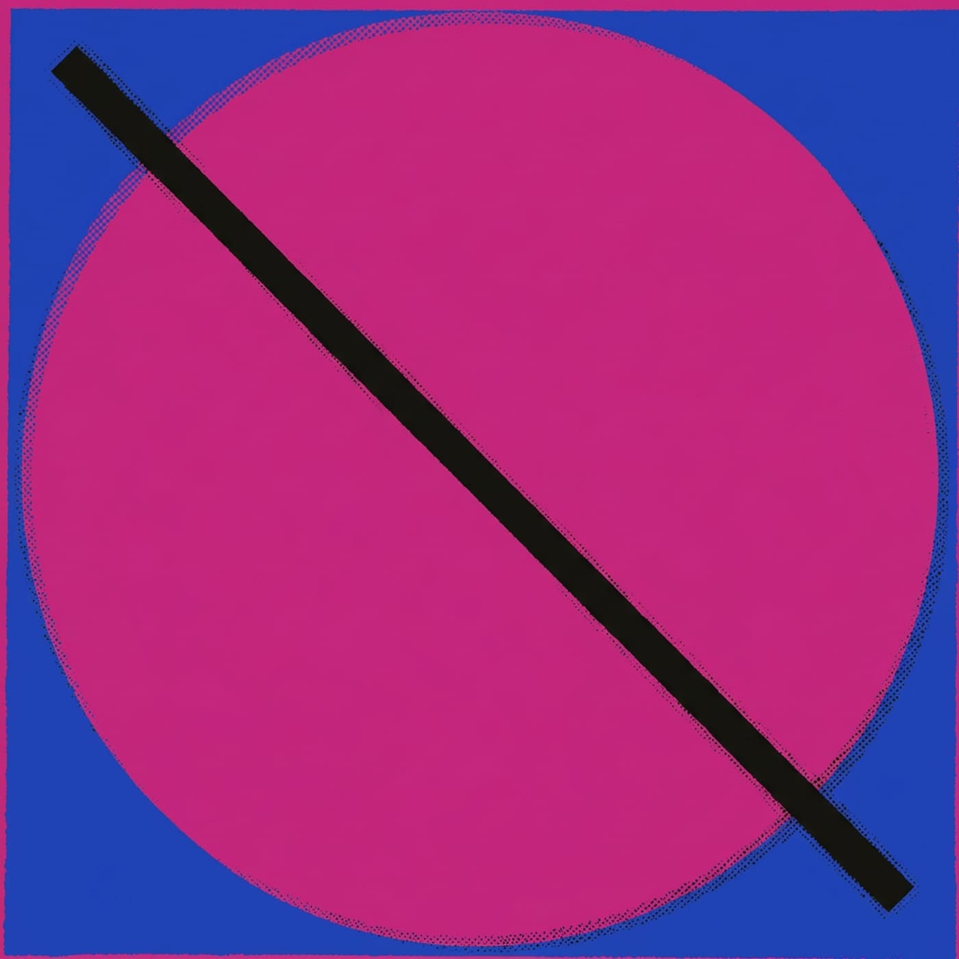 Pop-art vector cover: magenta circle on cobalt blue square with diagonal slash.